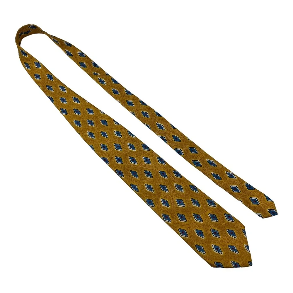 Ermenegildo Zegna Gold w/ Blue & Red Print Silk Neck Tie‎ Mens Size 4